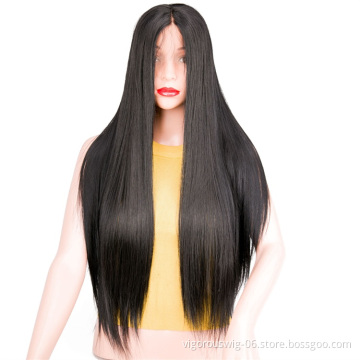 Vigorous Good Quality Silky Long Straight Heat Resistant Lace Front For Women Middle Part Black Synthetic Wig